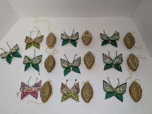 Hand-Crafted Silk Ornaments: 10 Butterflies, 9 Chrysalises, Zardozi Embroidery